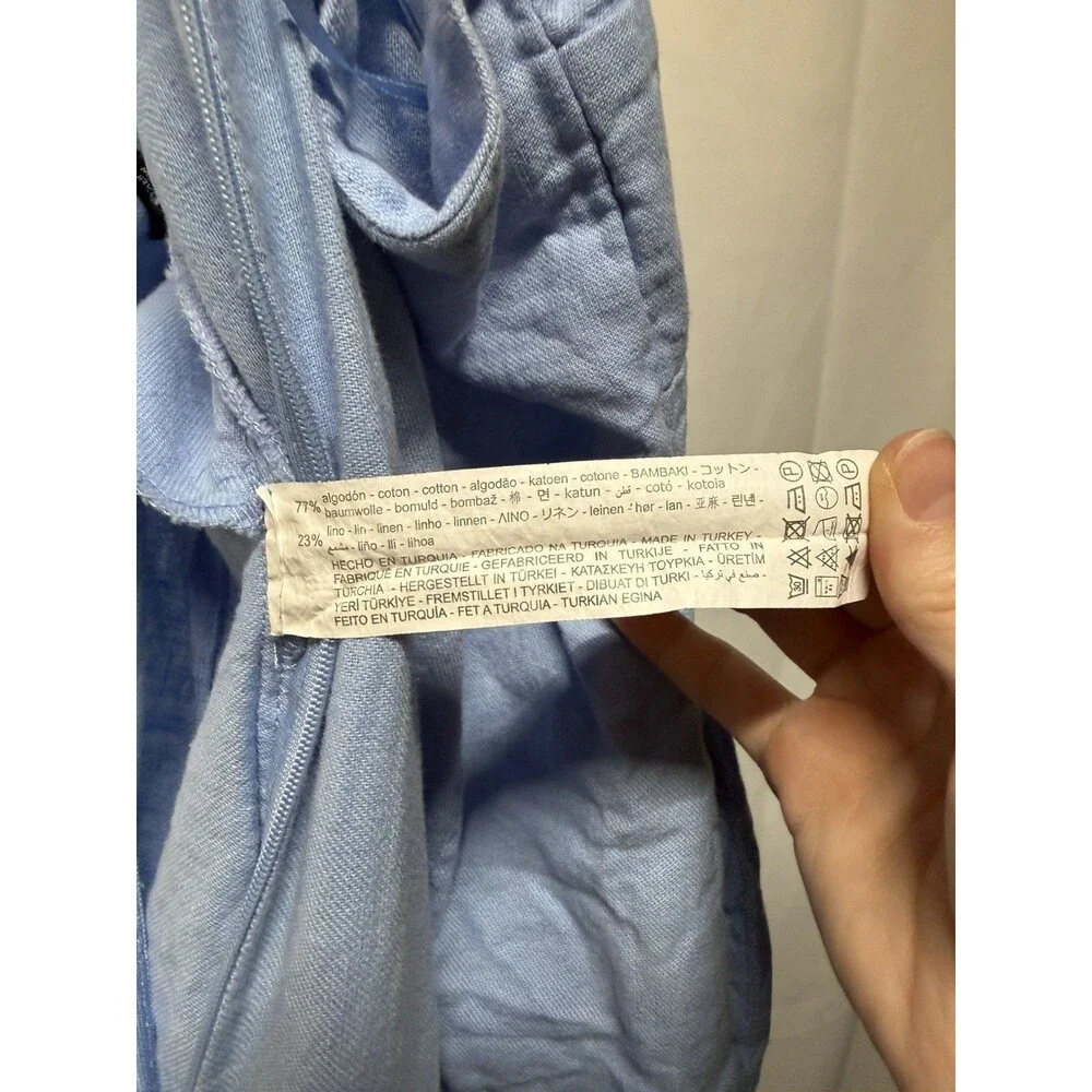ZARA Blue Linen Blend One Piece Jumpsuit Open Tie Front Ruffle Trim Size S